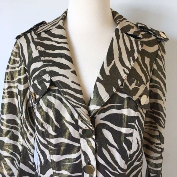 Caché Linen & Cotton Gold Metallic Zebra Print Belted Blazer Size Small - Picture 2 of 8